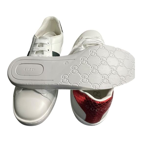 Gucci Ace Bee Sneakers Size 38 White Leather Red/Green Snake Heel w/ Box, Extras - Picture 12 of 16